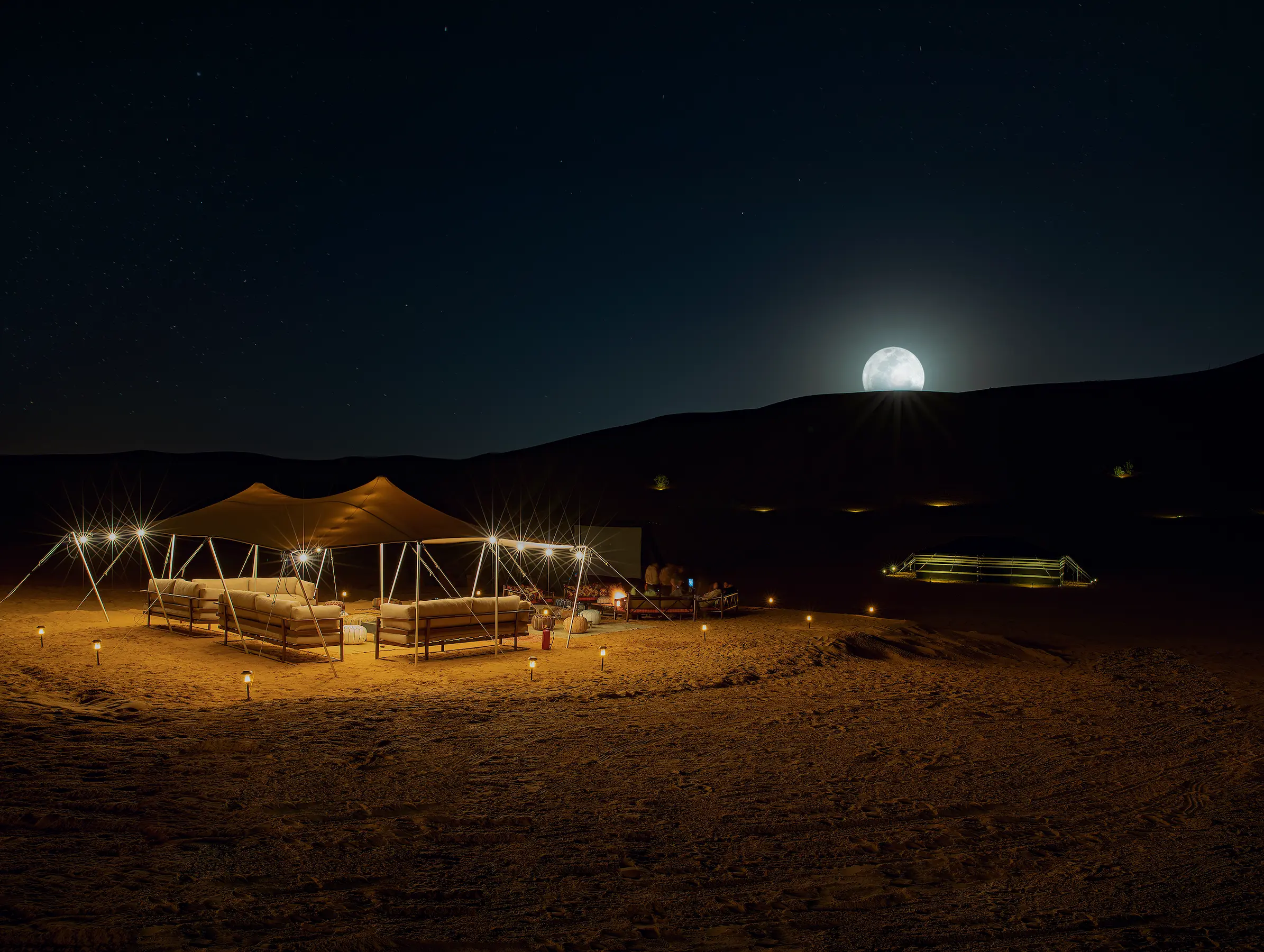 Desert retreat entrance at sunset